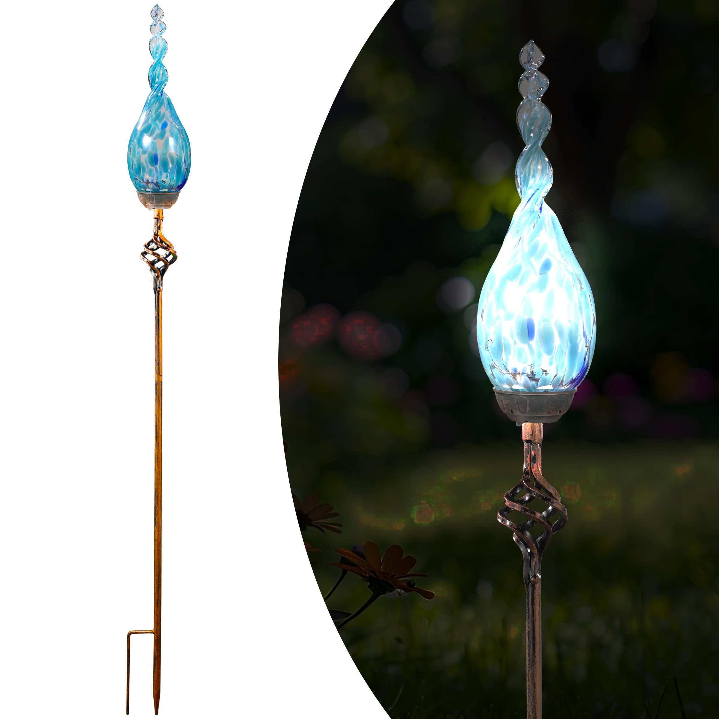 Naboher front view of blue flame glass stake showing decorative glow and curb appeal