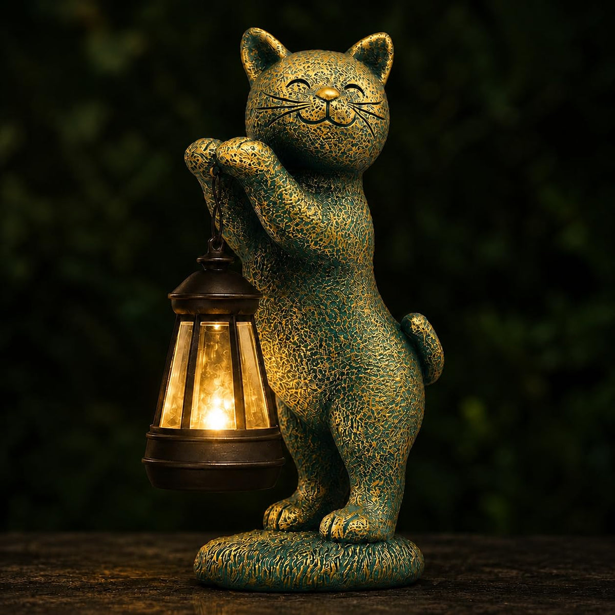 Nacome front view of cat statue showing decorative lantern and sculpted detail for curb appeal