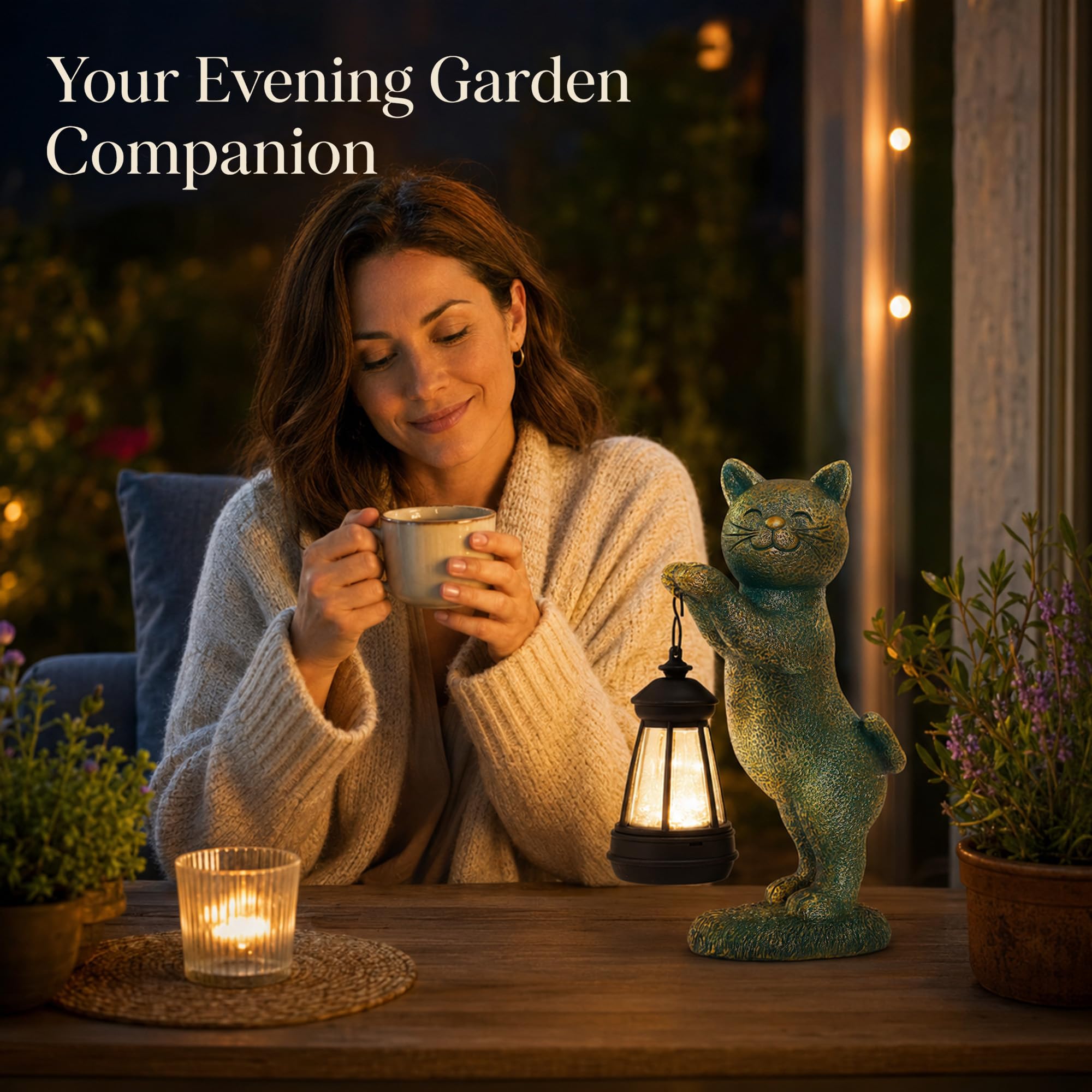 Nacome cat statue beside flower bed showing accent lighting that enhances plants