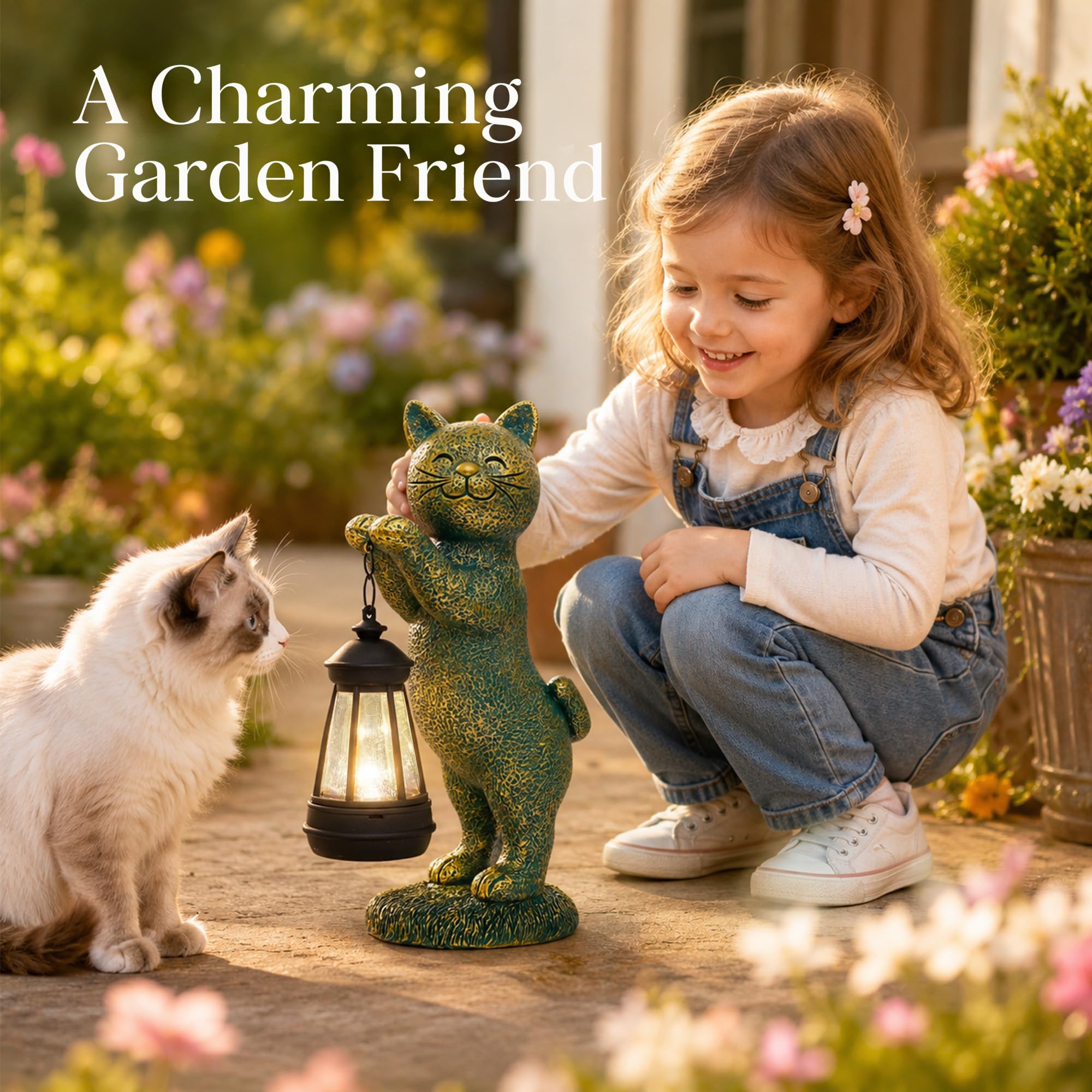 Nacome cat statue on porch demonstrating charming entryway lighting and decor impact