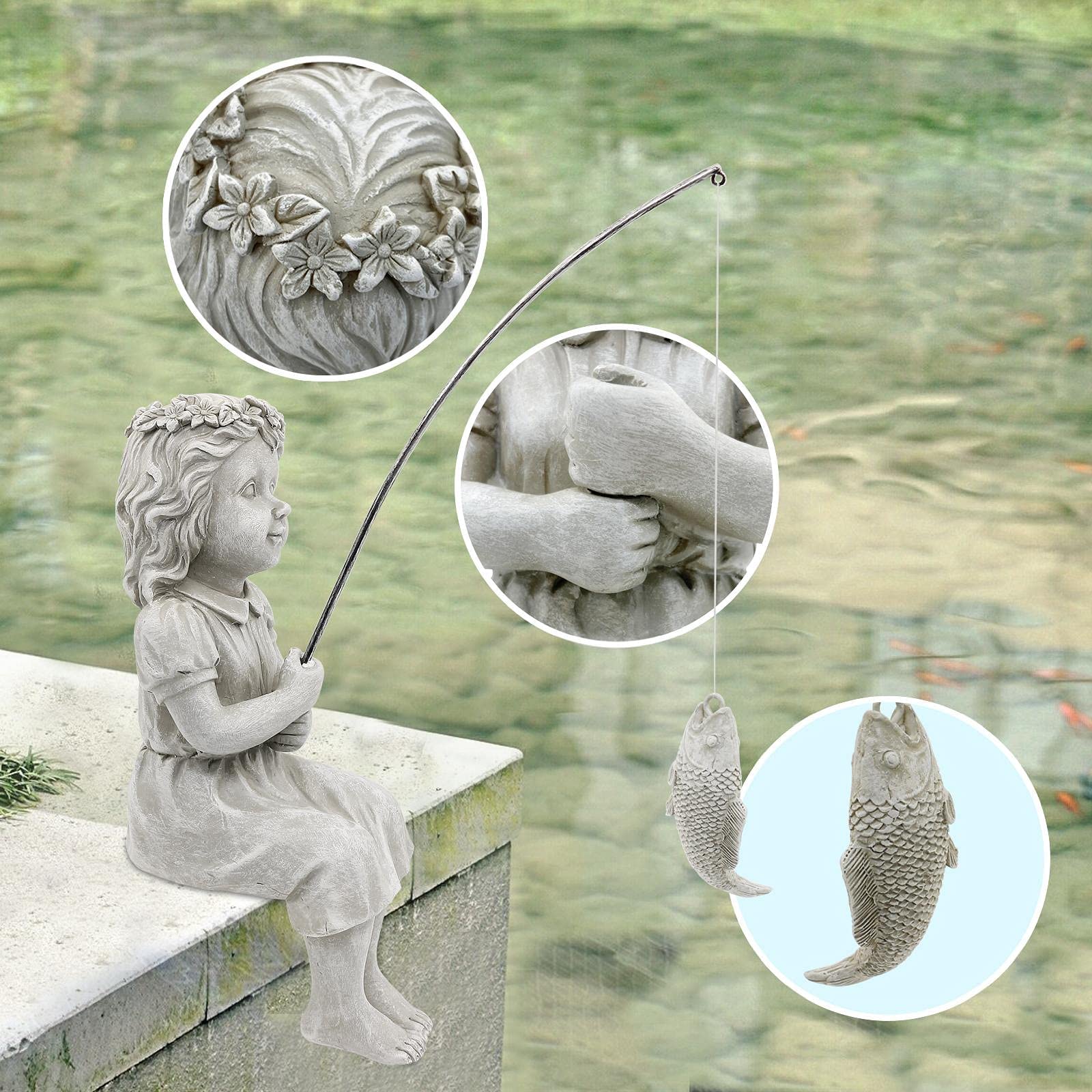 Nacome fishergirl positioned at pond edge enhancing waterside charm