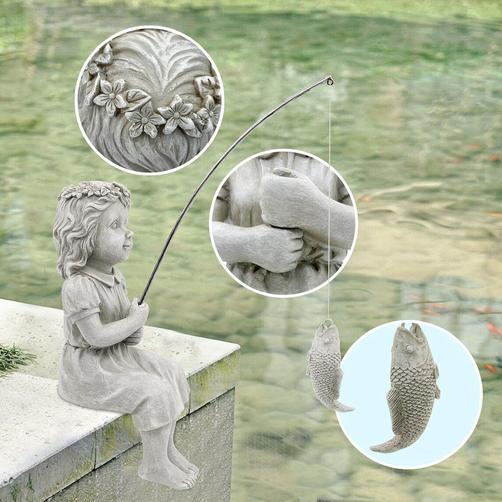 Nacome fishergirl positioned at pond edge enhancing waterside charm