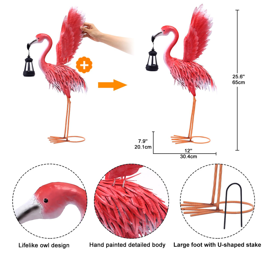 nacome metal flamingo placed in garden at dusk providing decorative ambient light