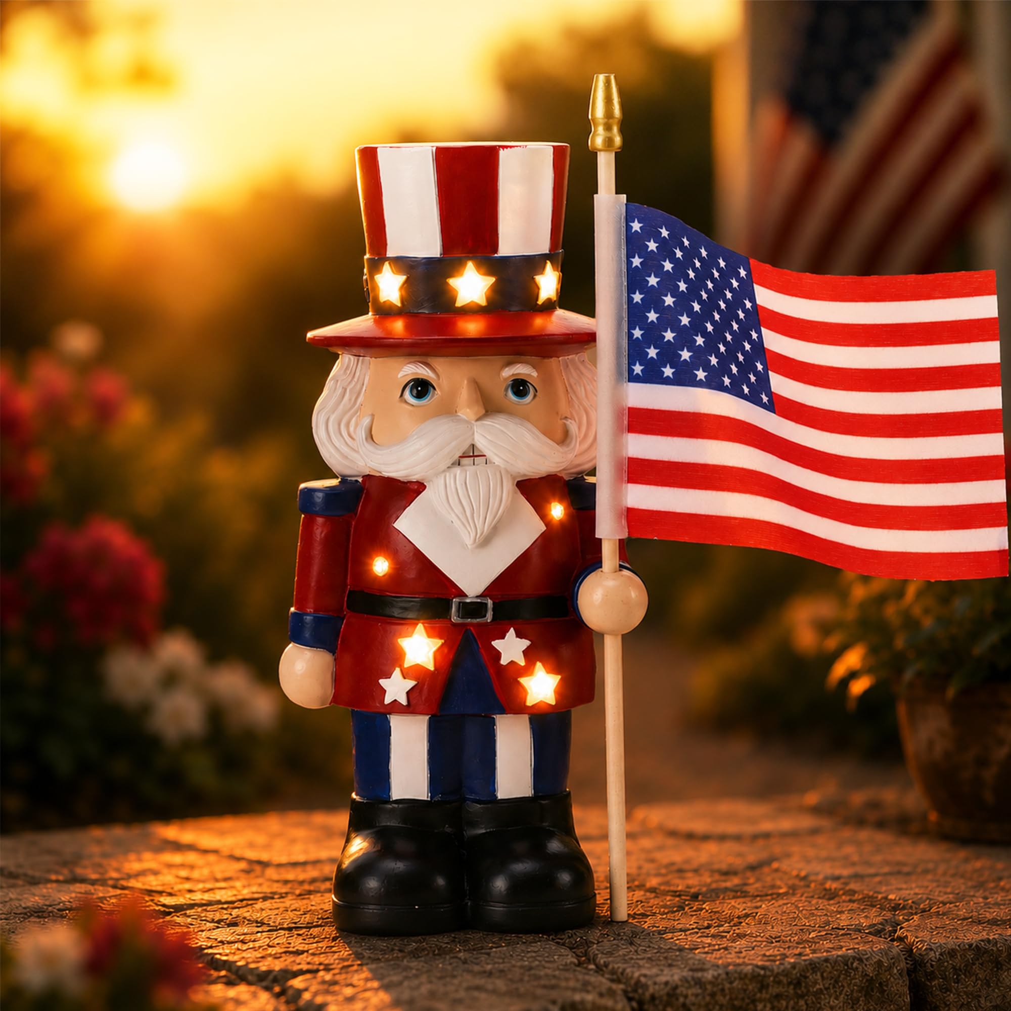 Nacome front view of patriotic nutcracker showing soldier detail and curb appeal