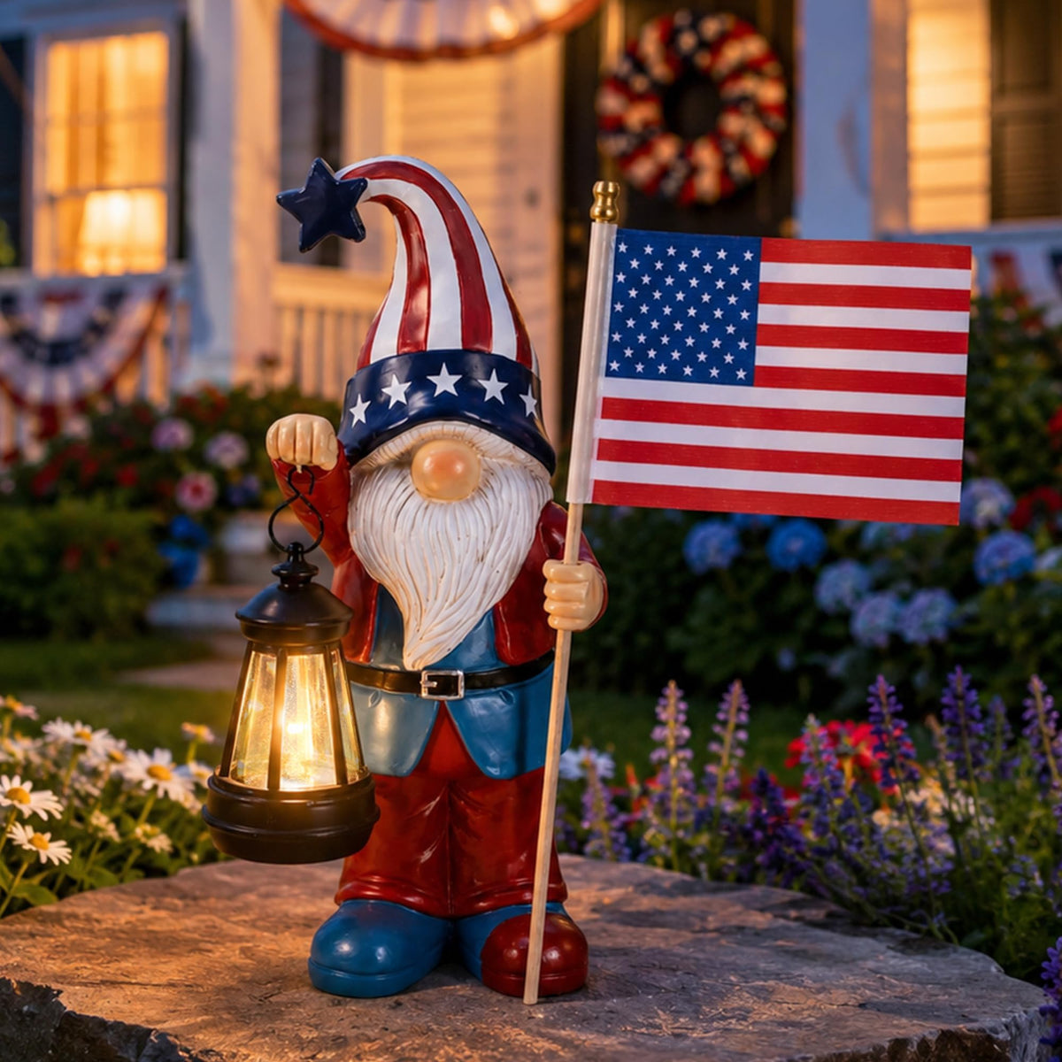 Nacome gnome front view showing decorative flag and welcoming pose