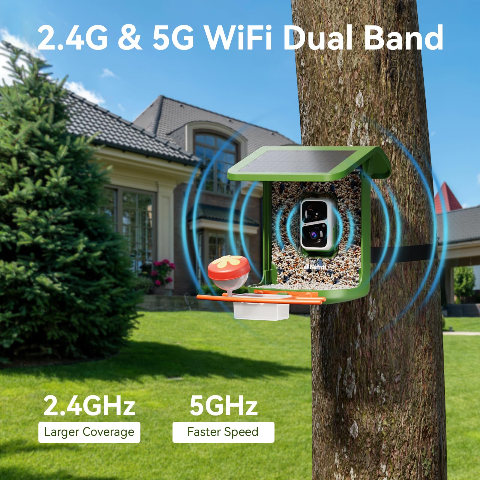 Nafnti feeder mounted in a backyard with birds visiting to show real-world use