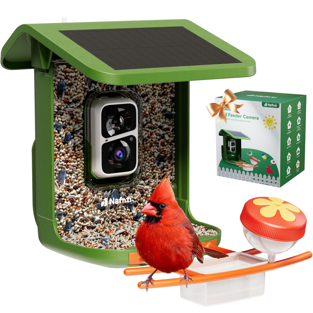 Nafnti front view of feeder showing camera and seed hopper for easy backyard watching