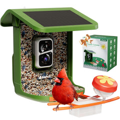 Nafnti front view of feeder showing camera and seed hopper for easy backyard watching
