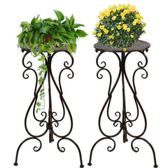 NAKUPE front view of two plant stands showing sturdy pedestal and brown finish, adds height