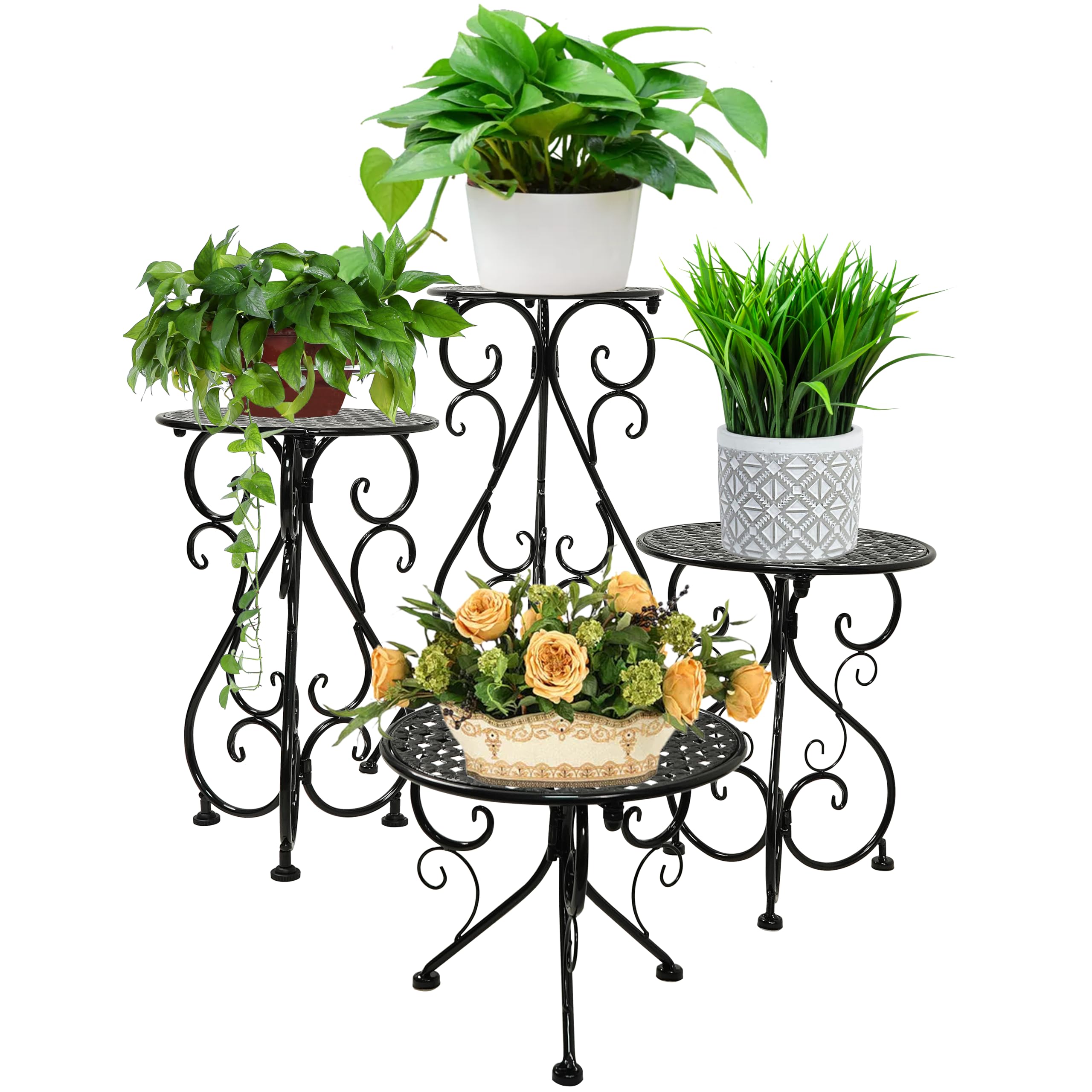NAKUPE front view showing four metal plant stands, sturdy layered display benefit