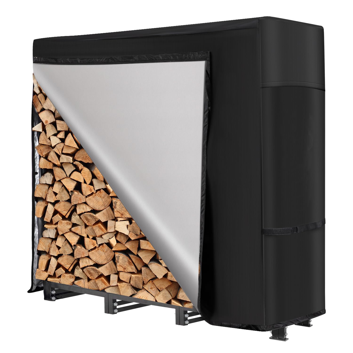 nalone front view of full wood rack showing organized storage and weather protection