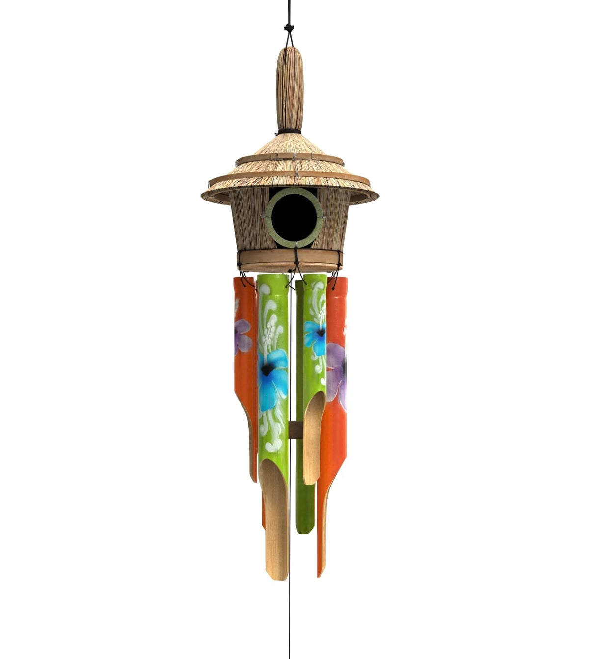 Nalulu bamboo wind chime front view showing birdhouse and calming design benefit