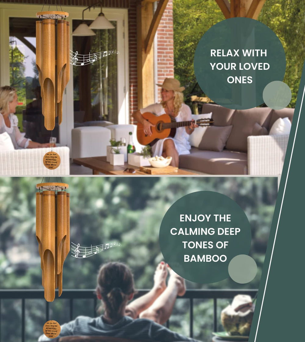 Nalulu wind chime hanging in garden lifestyle scene providing tranquil outdoor ambiance benefit
