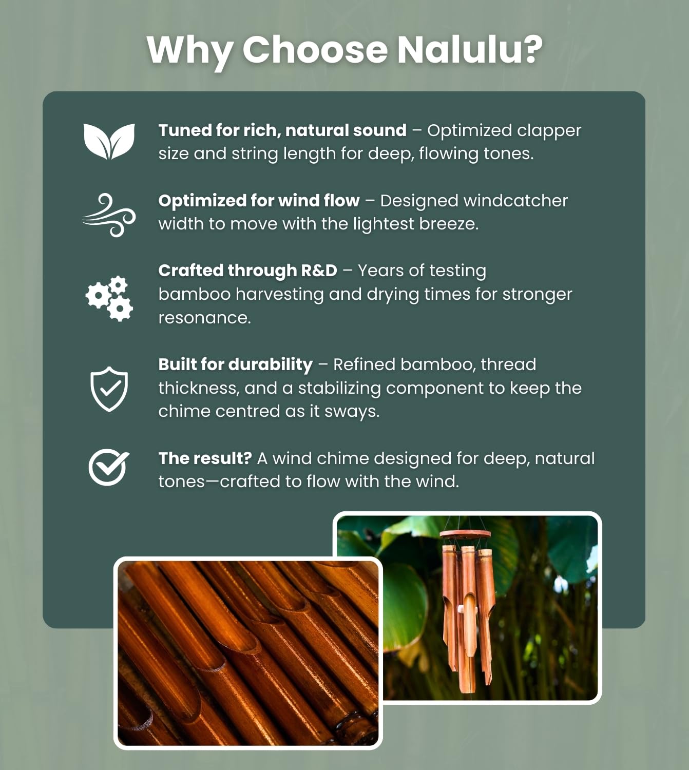 Nalulu wind chime next to a hand showing medium size and easy hanging