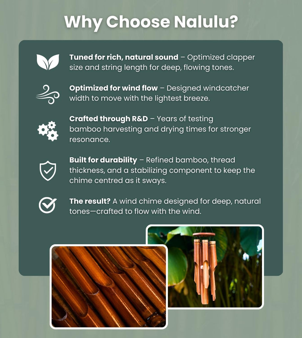 Nalulu wind chime next to a hand showing medium size and easy hanging