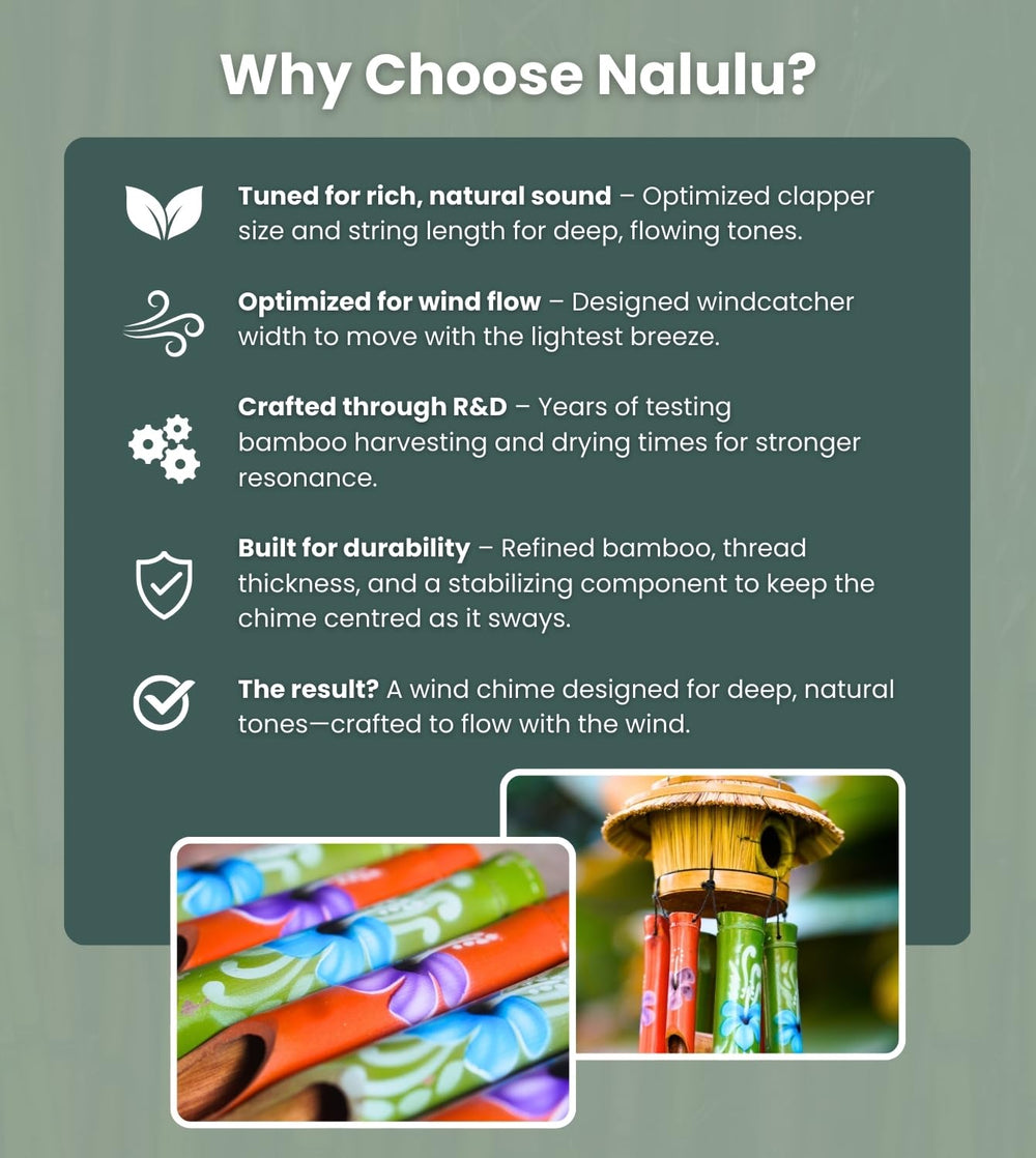 Nalulu wind chime hanging on porch creating relaxing outdoor soundscapes