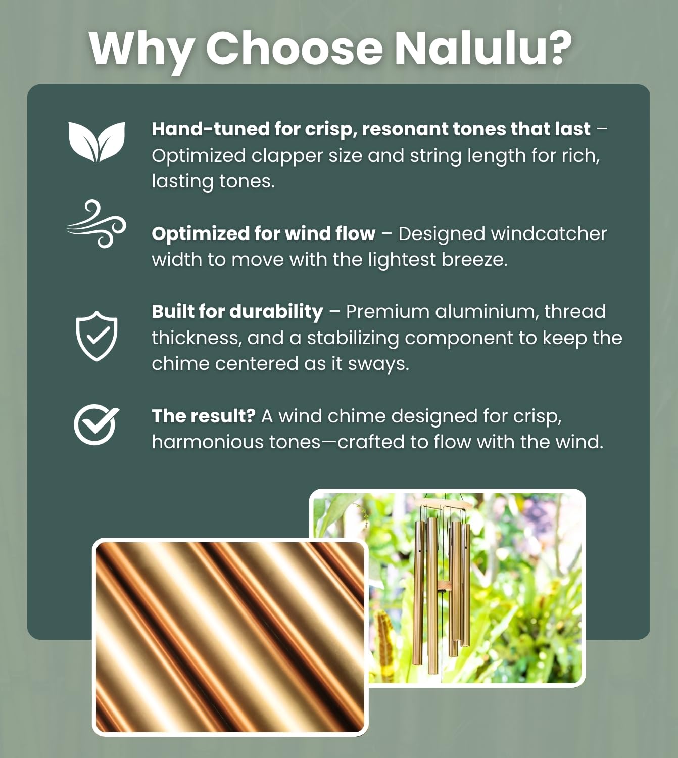 Nalulu wind chimes hanging in garden creating calming outdoor ambiance