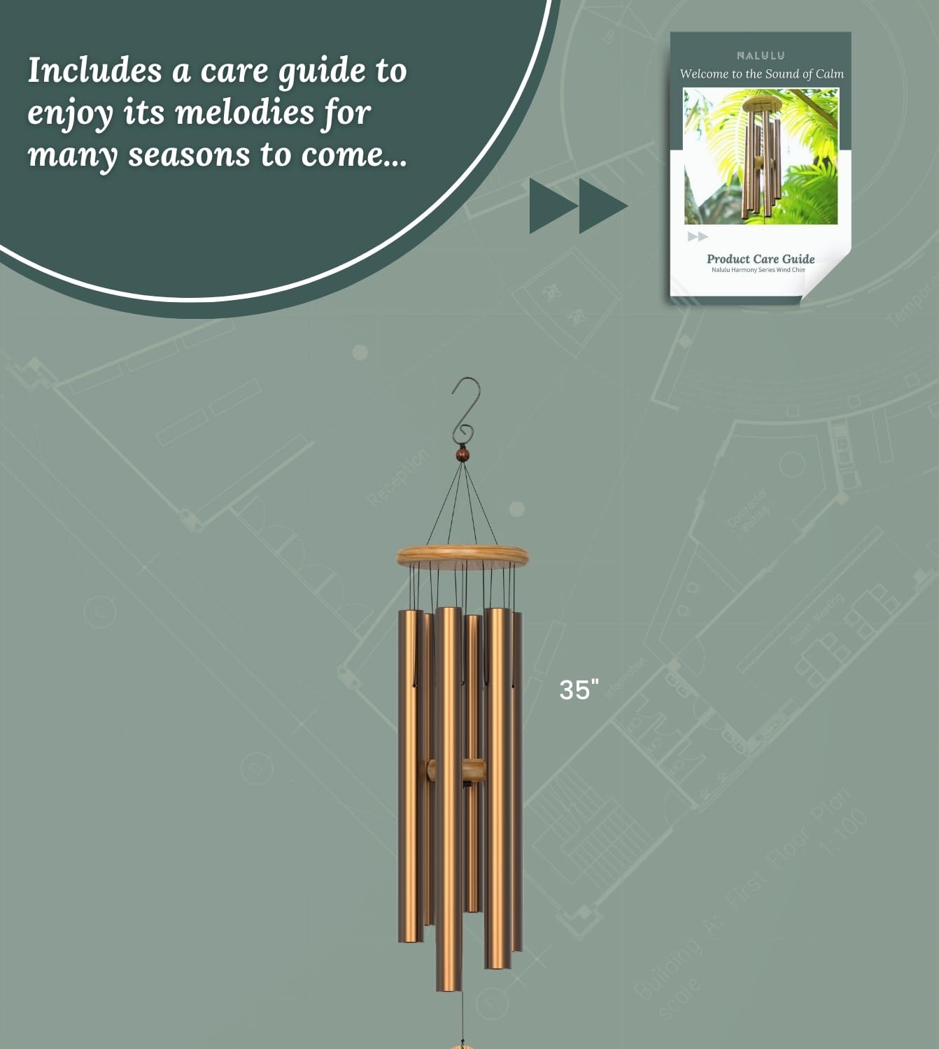 Nalulu chimes beside a chair for size comparison and patio suitability