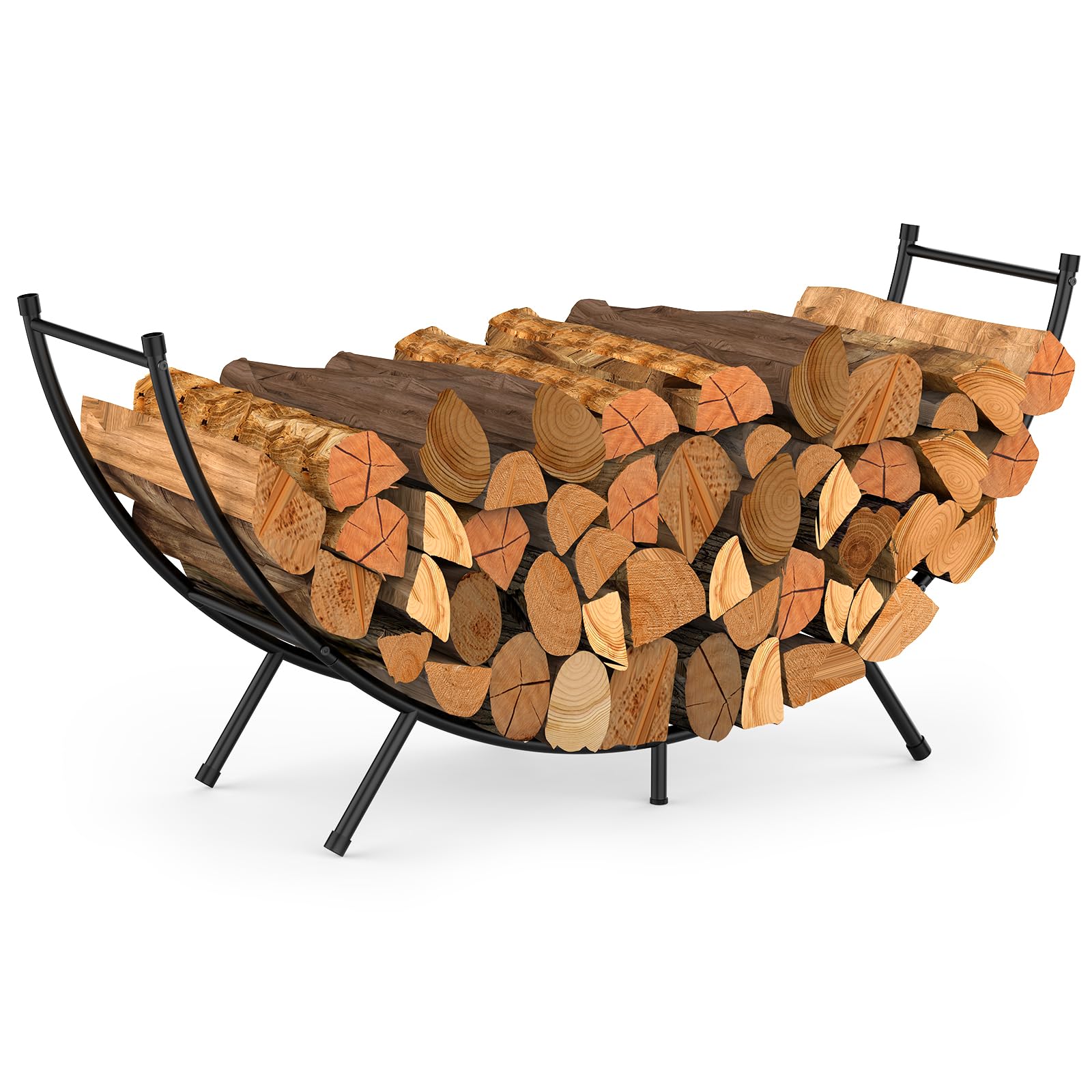 NANANARDOSO front view of rack showing stable steel frame and neat log storage benefit