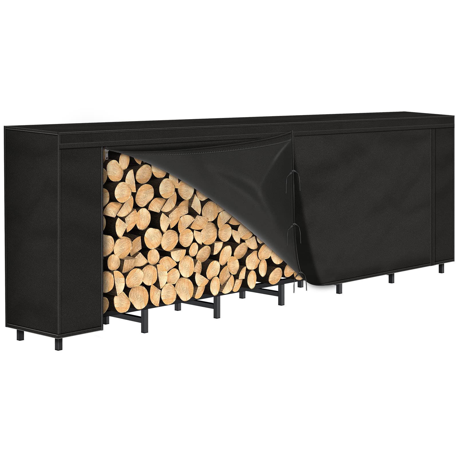 NANANARDOSO front view of full 8ft rack showing organized stacked logs and sheltering cover