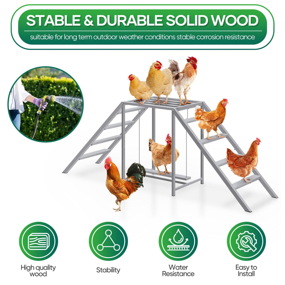 Nandae swing platform detail showing movement that encourages chicken exercise