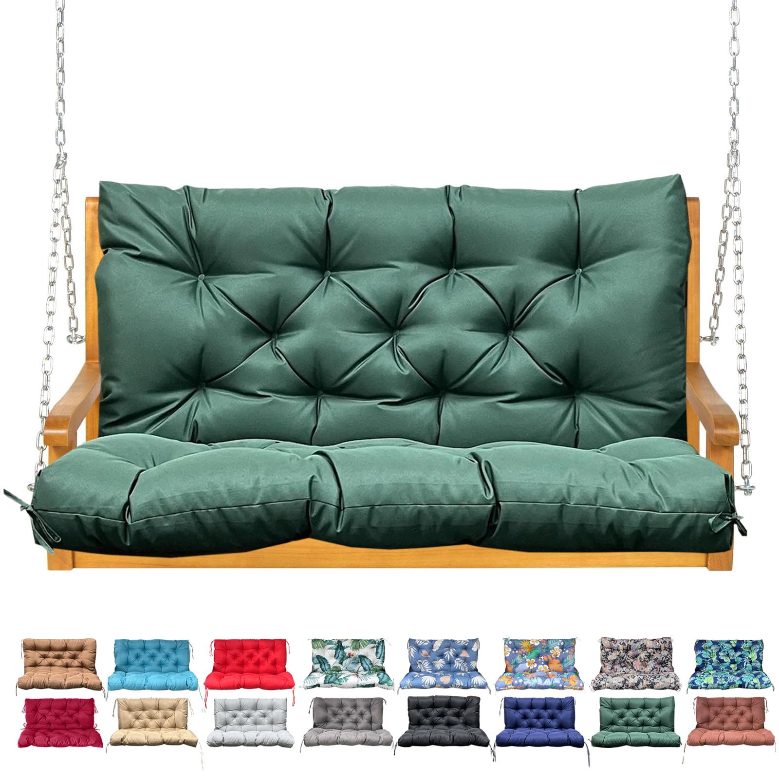 NANGELRN front view of dark green porch swing cushion showing full coverage and comfort