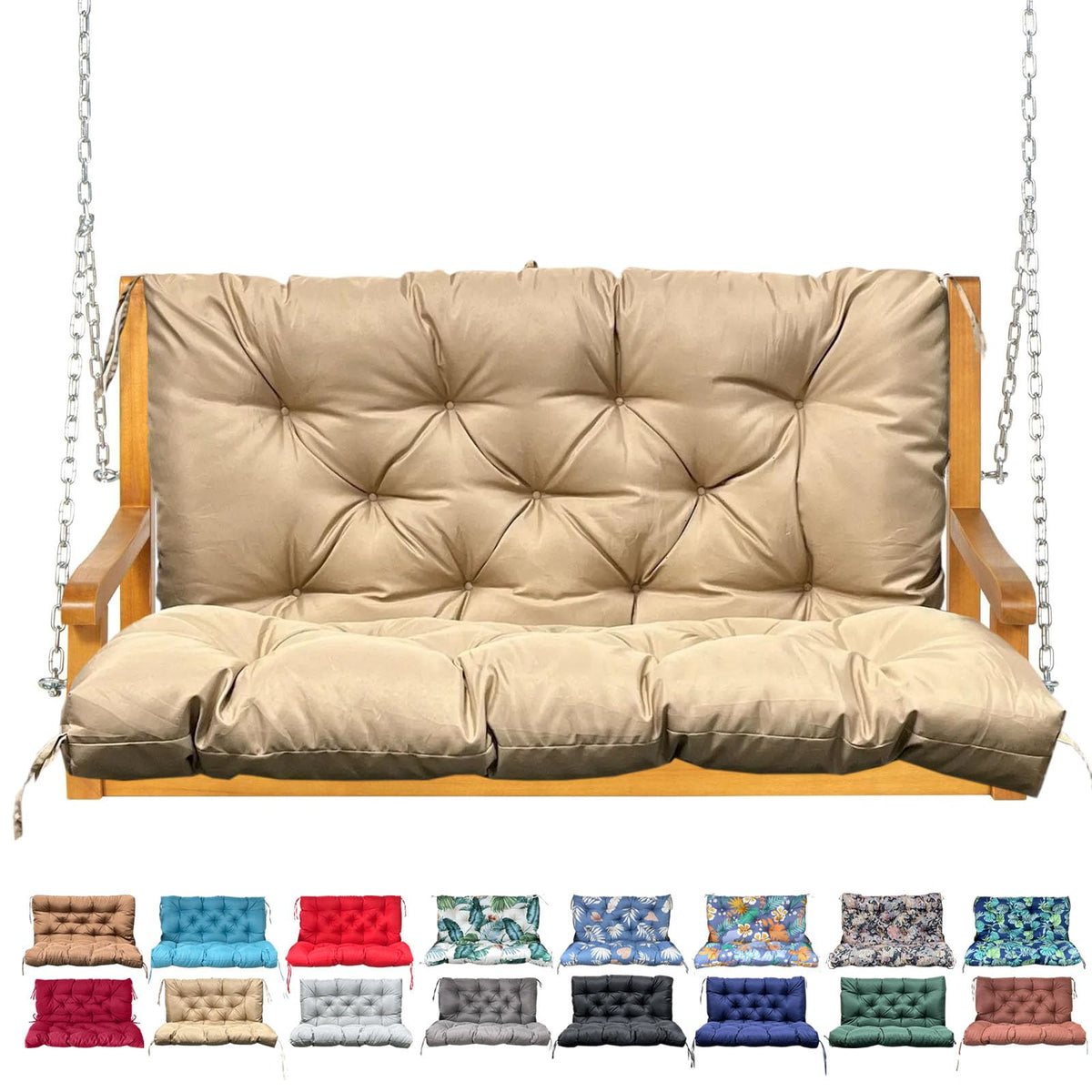 NANGELRN front view of khaki porch swing cushion showing neat fit and comfort
