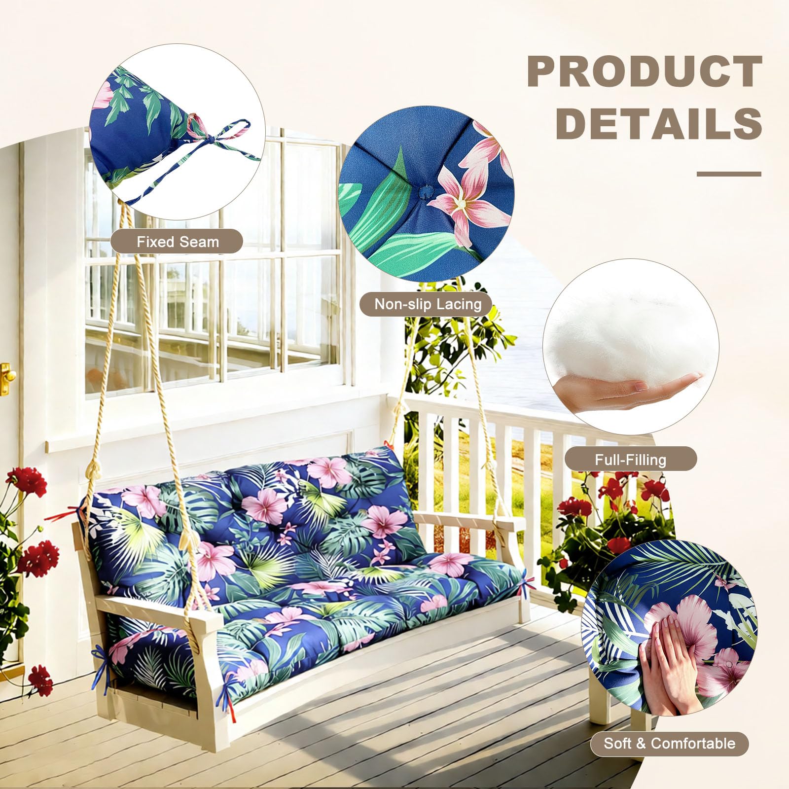 NANGELRN cushion in use on porch swing creating a relaxed outdoor seating area