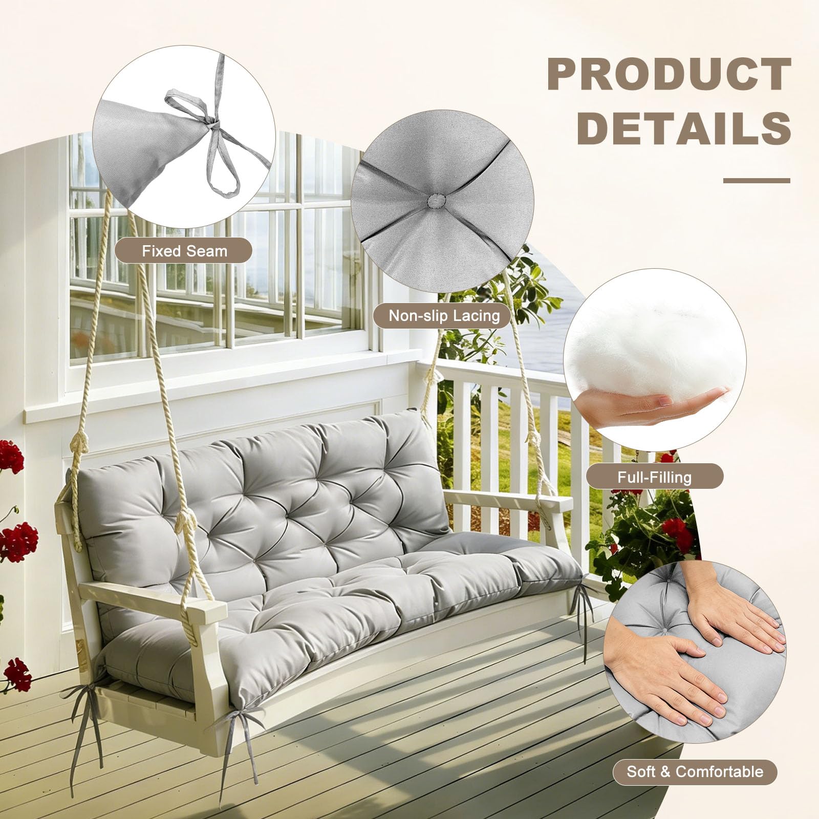 NANGELRN cushion in use on a wooden porch swing offering cozy seating