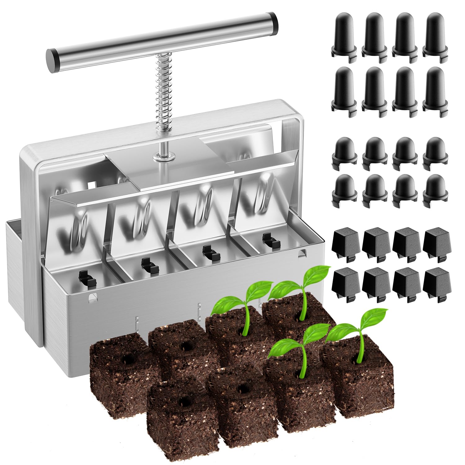 nanovi front view of soil blocker showing eight-cell frame and sturdy build for reliable blocking