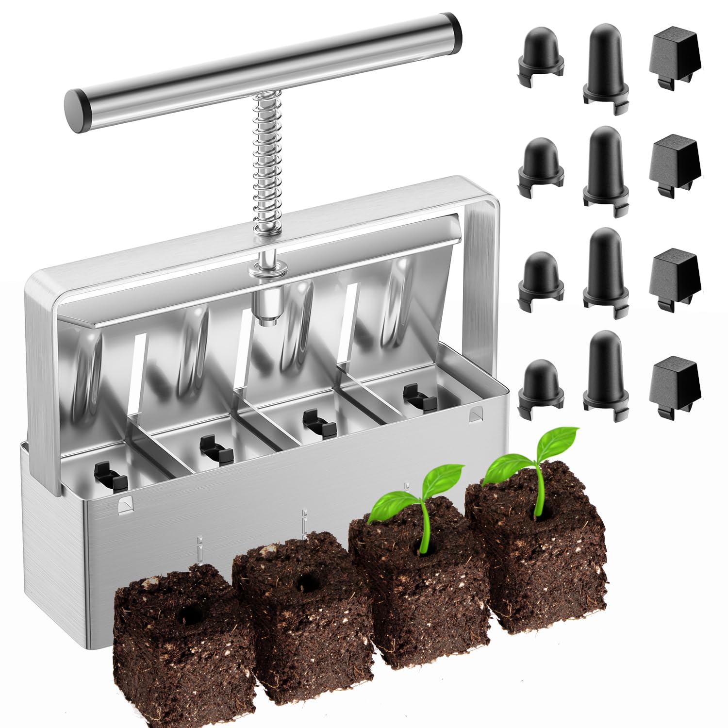 nanovi front view soil blocker showing four-cell head and benefit of fast block making