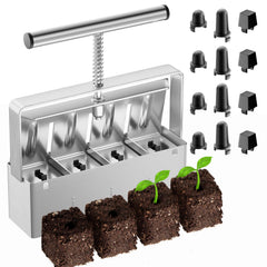 nanovi front view soil blocker showing four-cell head and benefit of fast block making