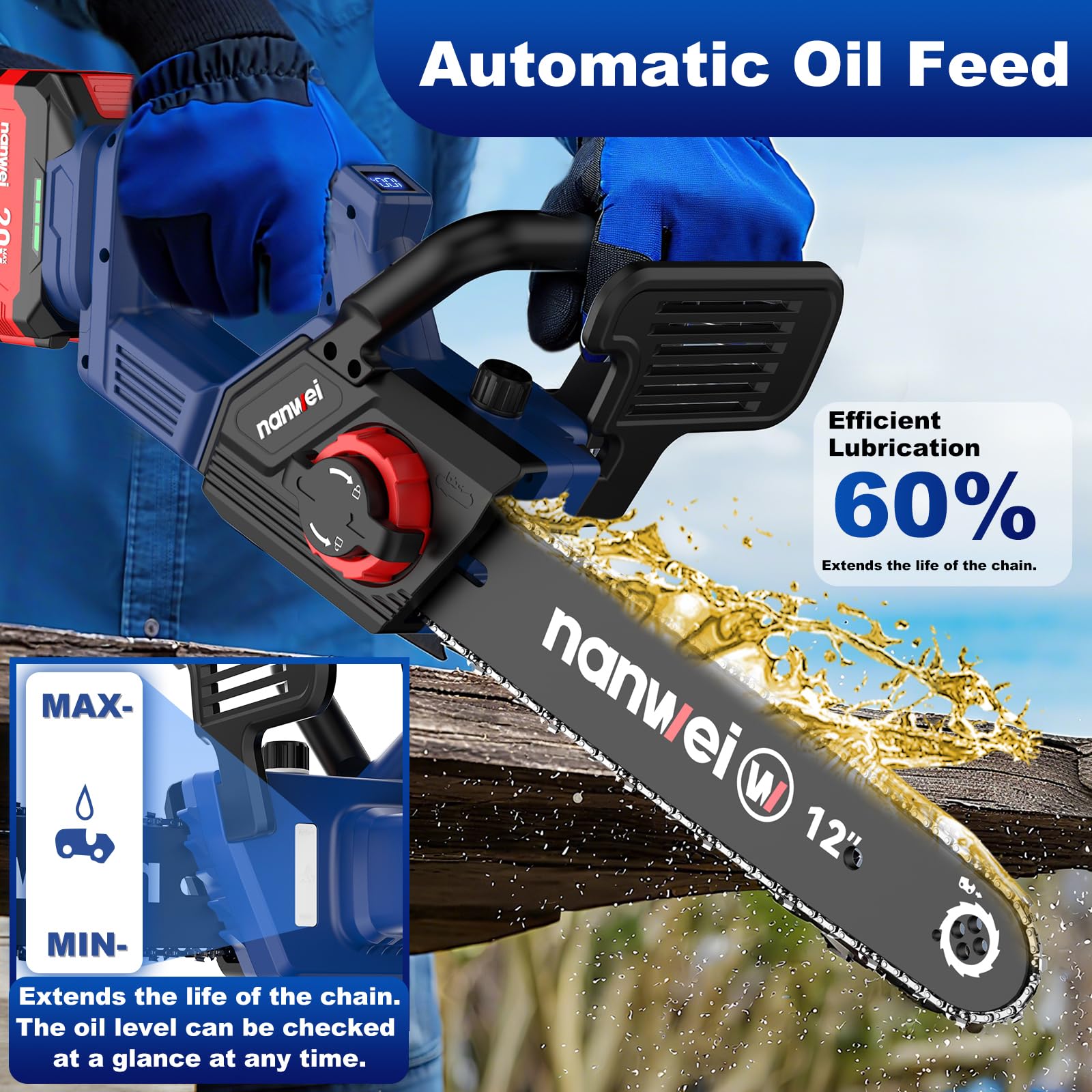 NANWEI chainsaw cutting a branch demonstrating efficient pruning benefit