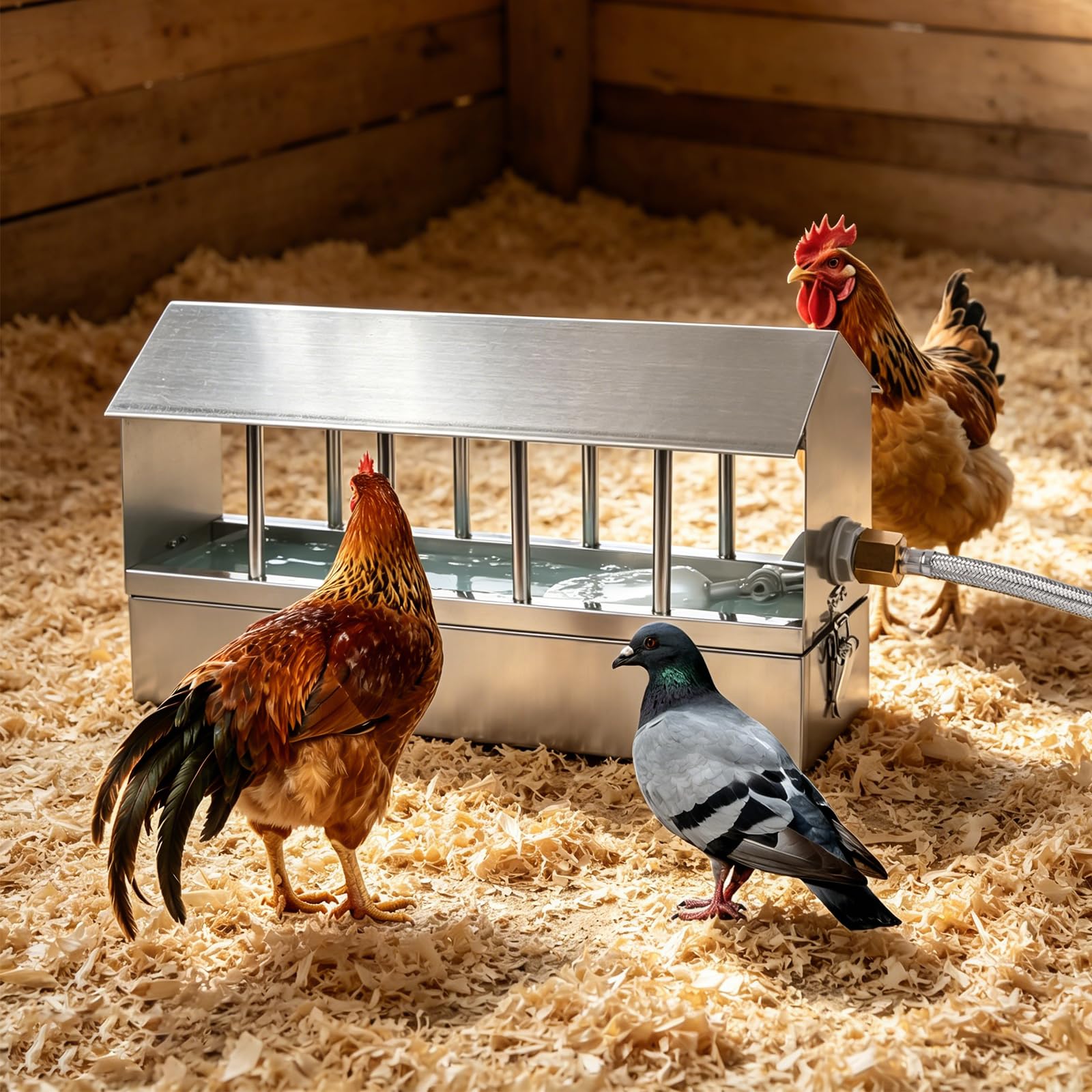 NAOEDEAH size comparison next to a hen showing scale for flock planning and capacity