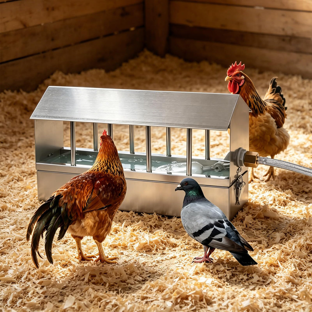 NAOEDEAH size comparison next to a hen showing scale for flock planning and capacity