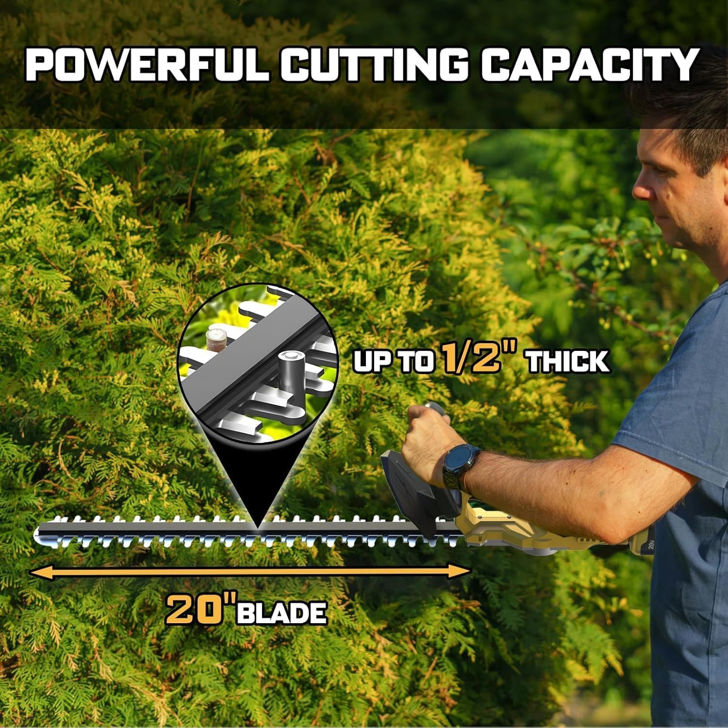 NAOKEV blade close-up showing dual-action 20-inch blades for cleaner, low-vibration cuts