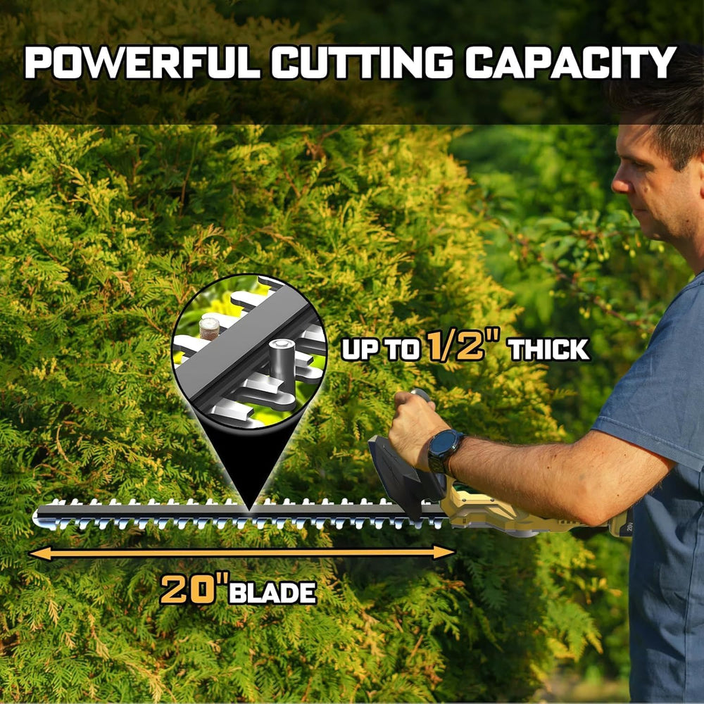 NAOKEV blade close-up showing dual-action 20-inch blades for cleaner, low-vibration cuts
