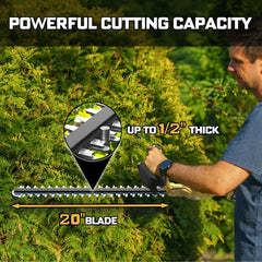 NAOKEV blade close-up showing dual-action 20-inch blades for cleaner, low-vibration cuts