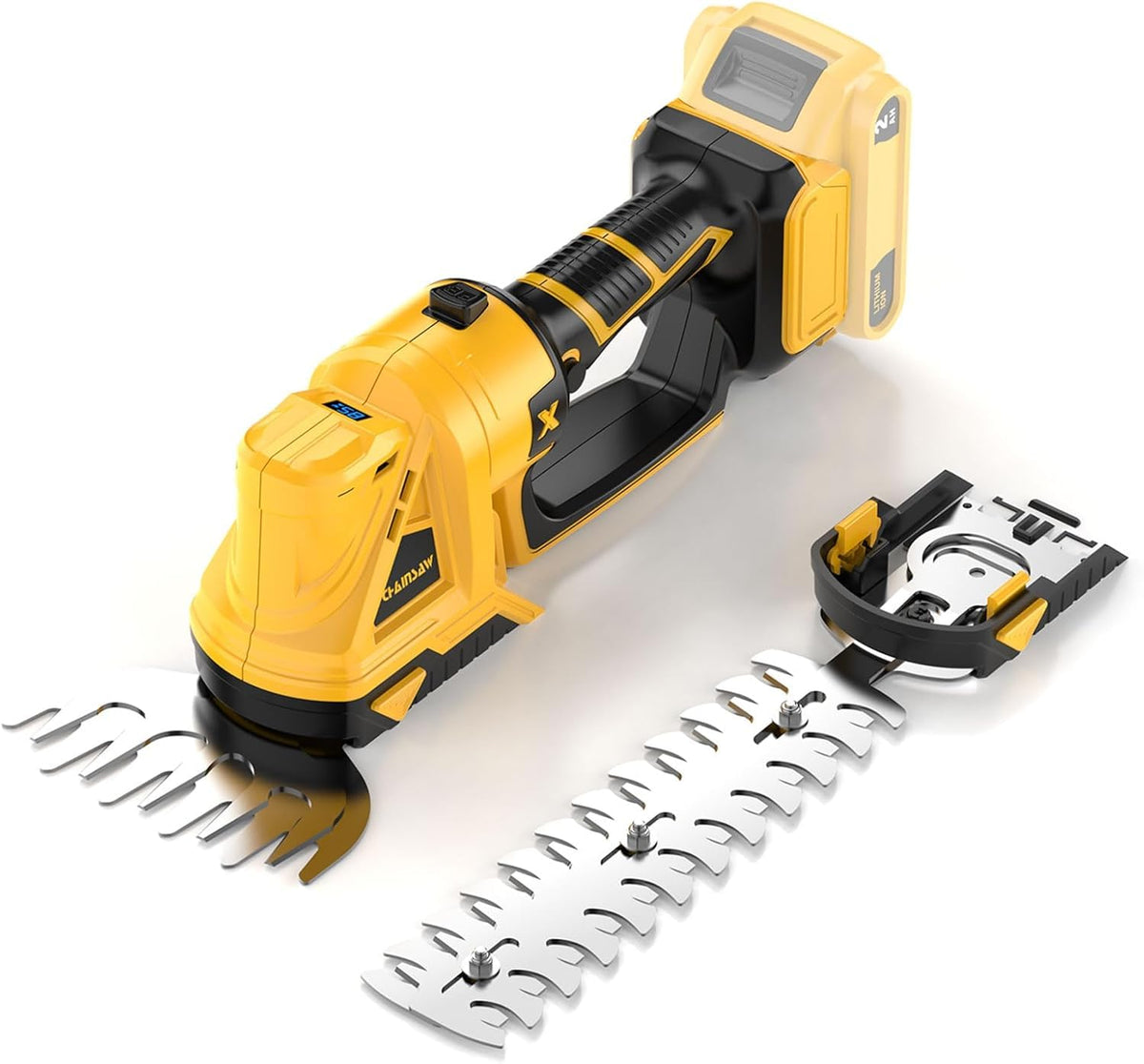 NAOKEV front view of cordless hedge trimmer showing compact design and controls, ideal for easy handling