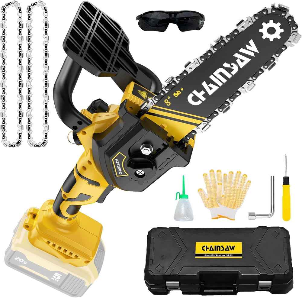 NAOKEV mini chainsaw front view showing bar and compact body benefit quick pruning