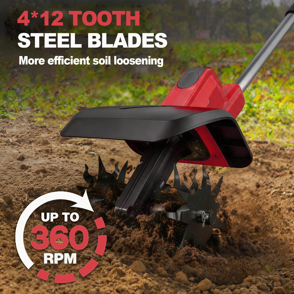 NAOKEV cultivator in use turning soil in a raised garden bed for fast prep