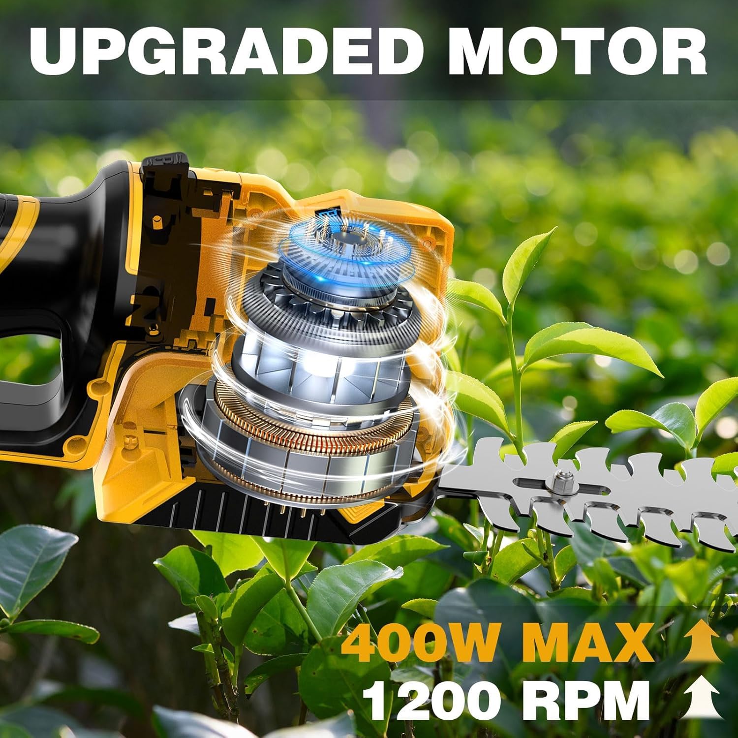 NAOKEV in-use trimming a hedge outdoors demonstrating powerful brushless performance and low noise
