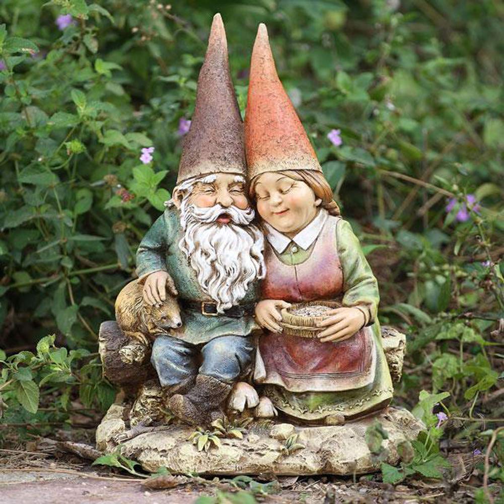 Napco Imports gnome couple close-up showing distressed green texture and durable resin