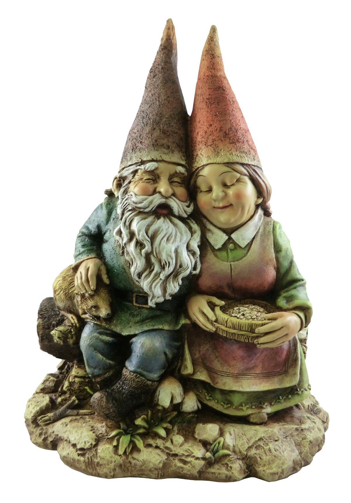 Napco Imports gnome couple front view on bench, adds whimsical charm to porch