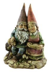 Napco Imports gnome couple front view on bench, adds whimsical charm to porch