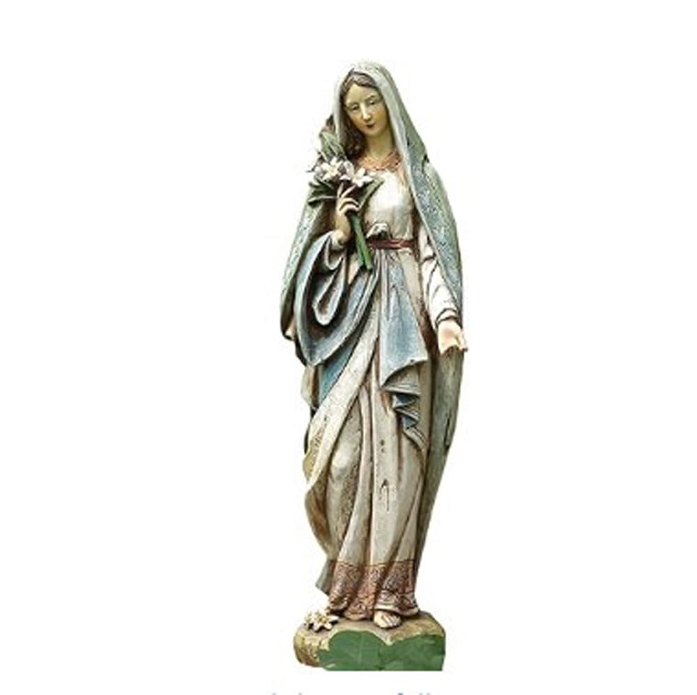 Napco Imports front view of Mary figurine showing serene pose and rustic finish