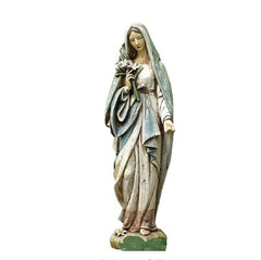 Napco Imports front view of Mary figurine showing serene pose and rustic finish