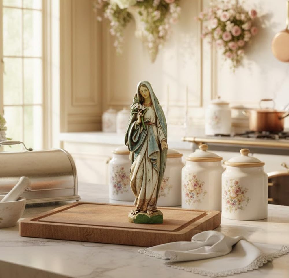 Napco Imports figurine placed among flowers illustrating outdoor decor versatility
