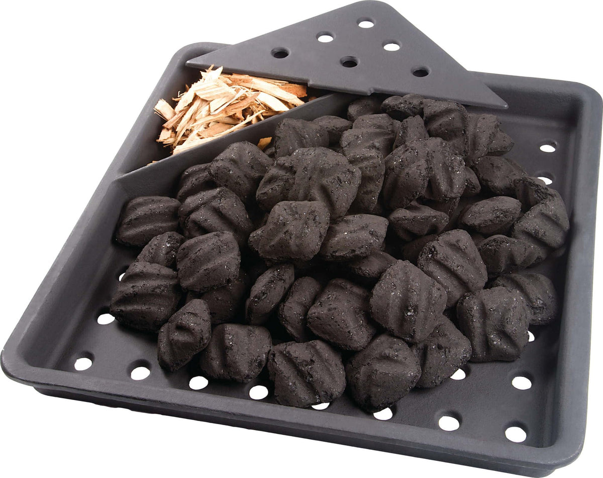 Napoleon charcoal tray front view showing durable cast-iron construction benefit