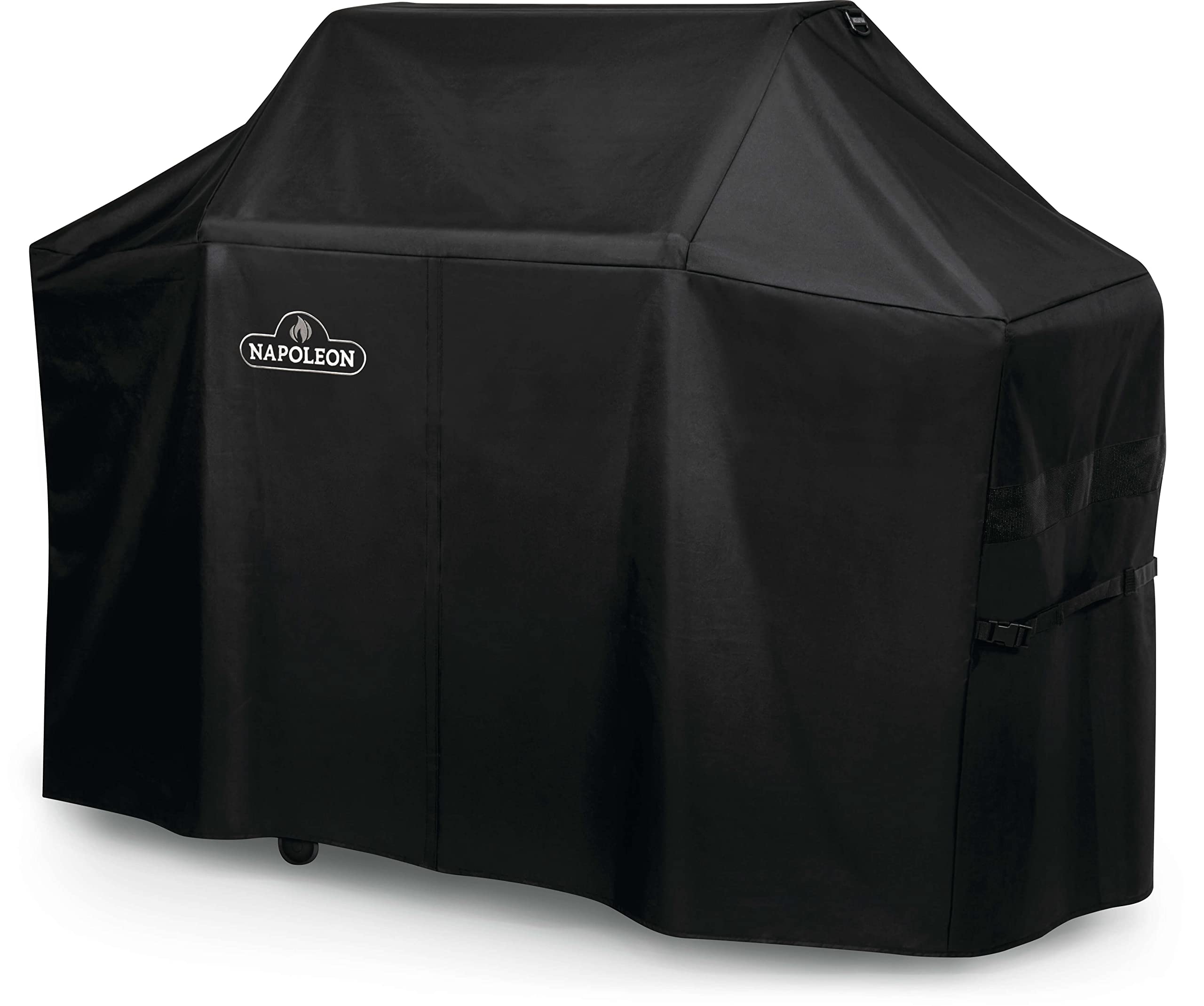 Napoleon cover secured with buckled straps and hanging loops for convenient storage